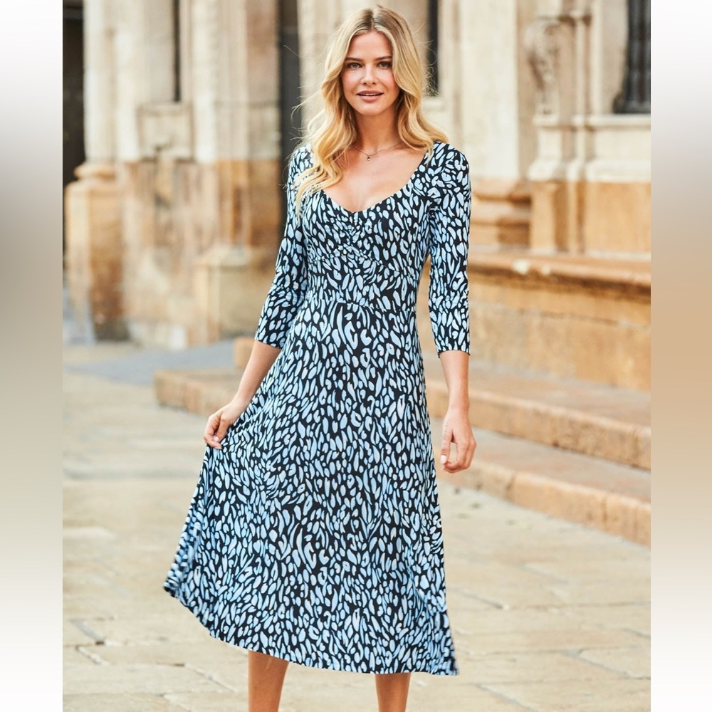 NWT Soma Black, Blue and White Wrap Dress 3/4 Sleeve Scoop Neck